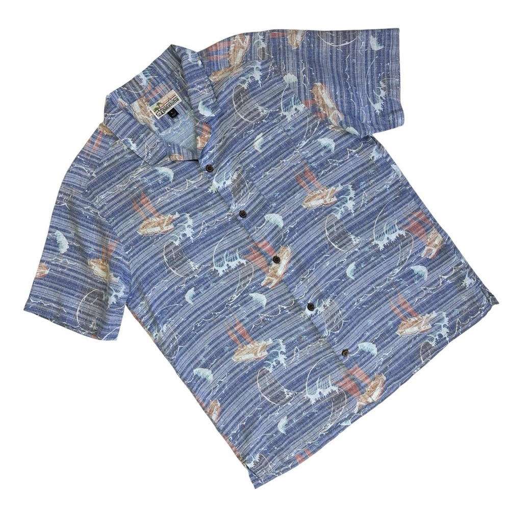 Patagonia Pataloha Limited Edition Hemp Blend Shirt Men L Blue Katamaran Hawaii